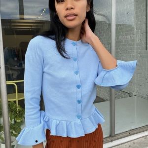 Lisa says gah cornflower blue cropped peplum blouse with heart buttons cotton